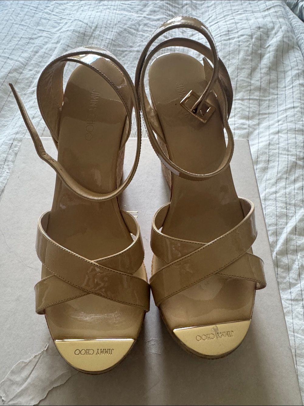 Jimmy Choo Nude Patent Leather Strappy Wedge Sandals with Gold Toe Accent size10